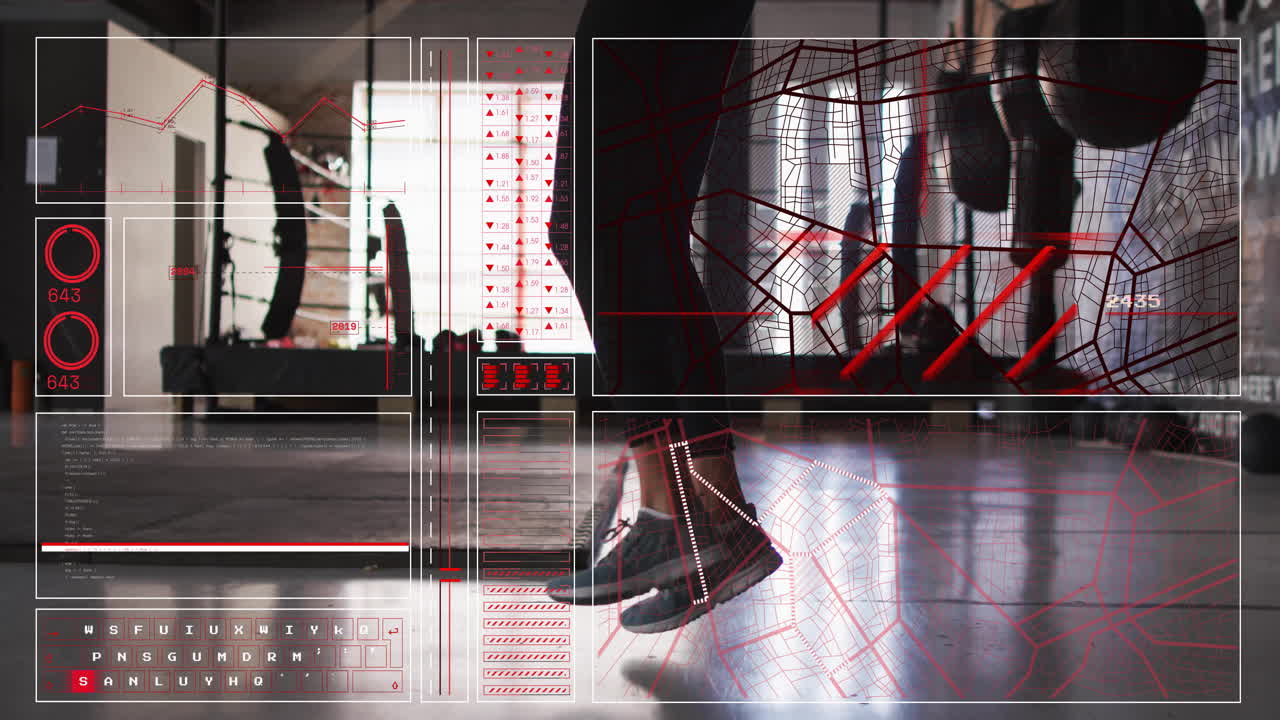 Fitness tracking data animation over person exercising in gym environment