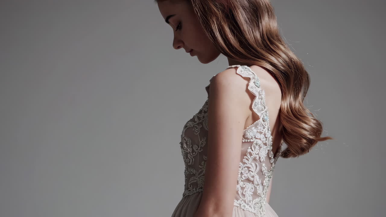 Elegant woman in a lace gown in a studio setting
