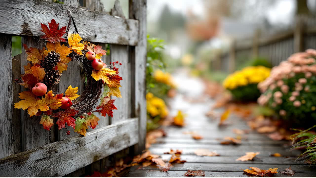 Autumn decor at a peaceful garden gate. Colorful leaves and fall decorations adorn a wooden gate in a serene garden setting during the autumn season