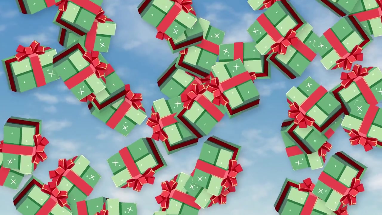 Scatole regalo verdi per le feste con nastri rossi che piovono continuamente su uno sfondo di cielo diurno luminoso.