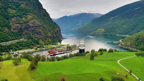 aurlandsfjord town of flam at dawn.