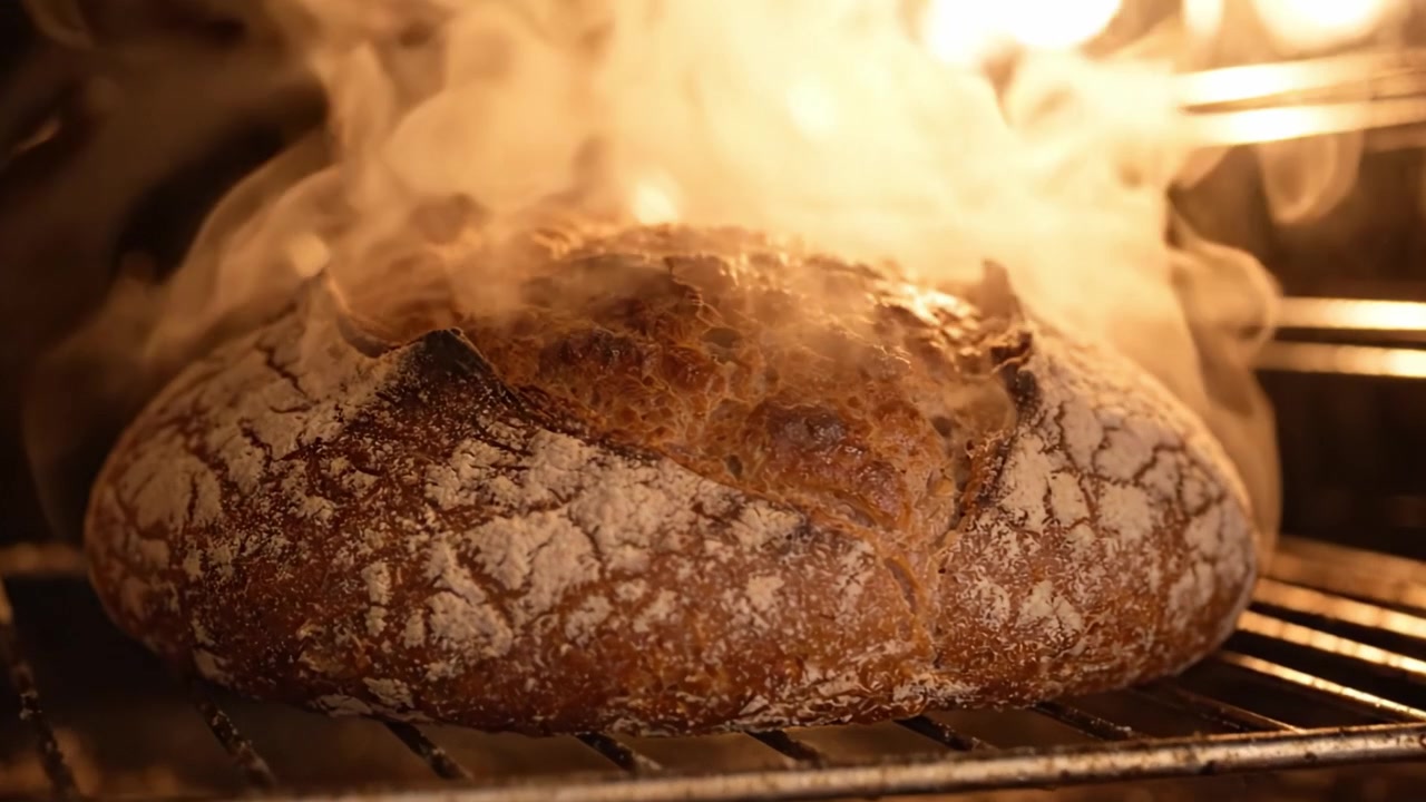 Golden-Brown Artisan Bread Rising in the Oven: A Captivating View of Crusty Loaf Development with Steam and a Beautiful Crust