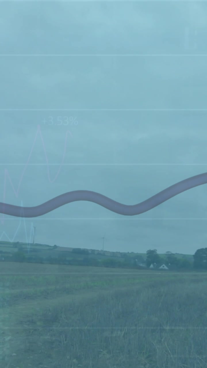 Animación de una flecha en movimiento y procesamiento de datos estadísticos sobre una pradera contra un cielo azul