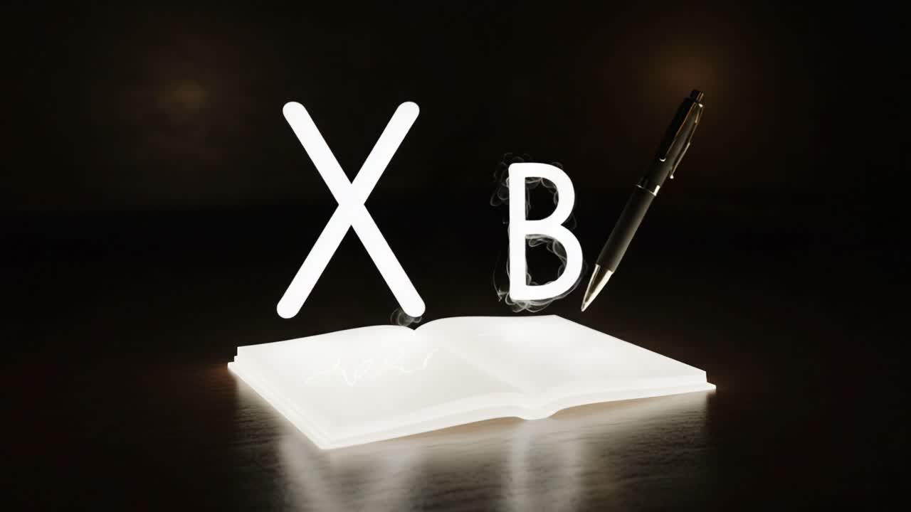 A Mystical Writing Experience with an Illuminated Book and Floating Letters, Capturing the Essence of Creativity in a Dark Background