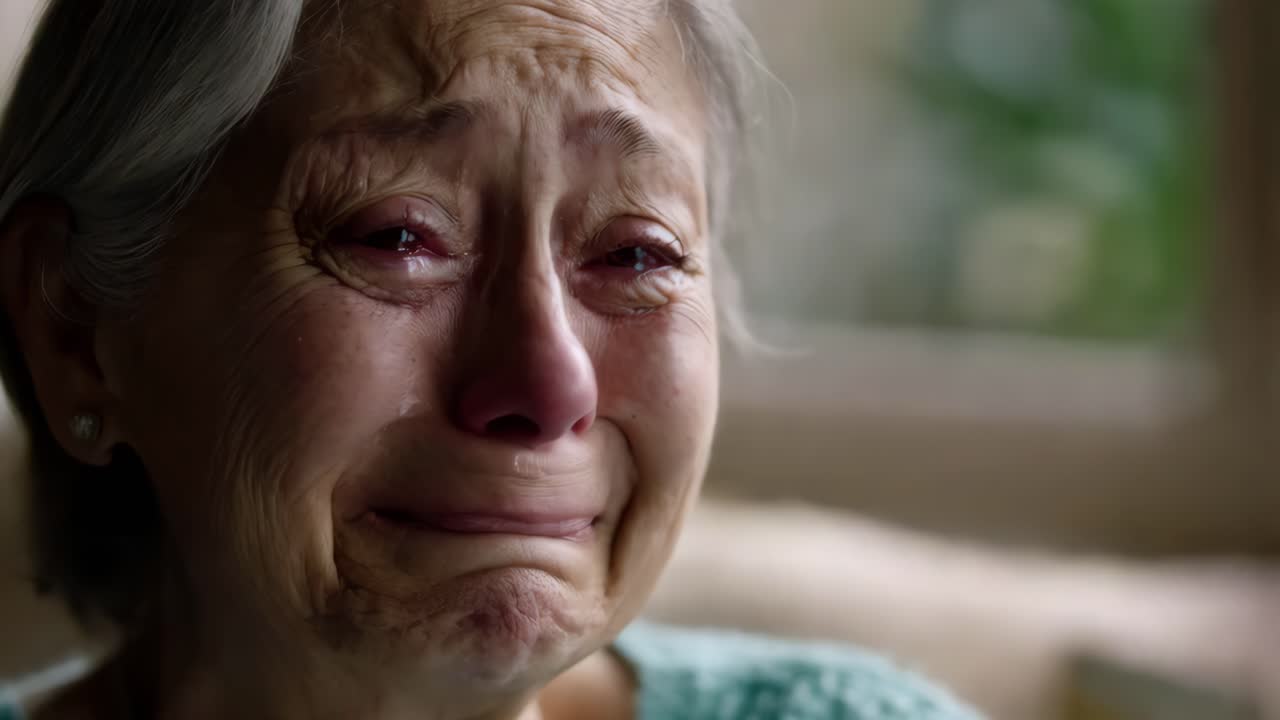 una anciana llorando.