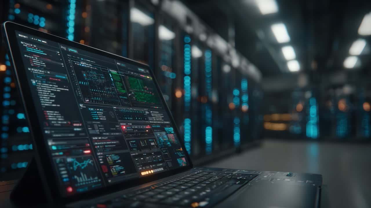 A high-tech data analysis setup showcasing a sleek laptop displaying complex analytics and insights in a modern server room, highlighting advanced technology and digital innovation