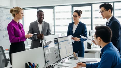 a diverse group of business professionals collaborating in a modern office setting