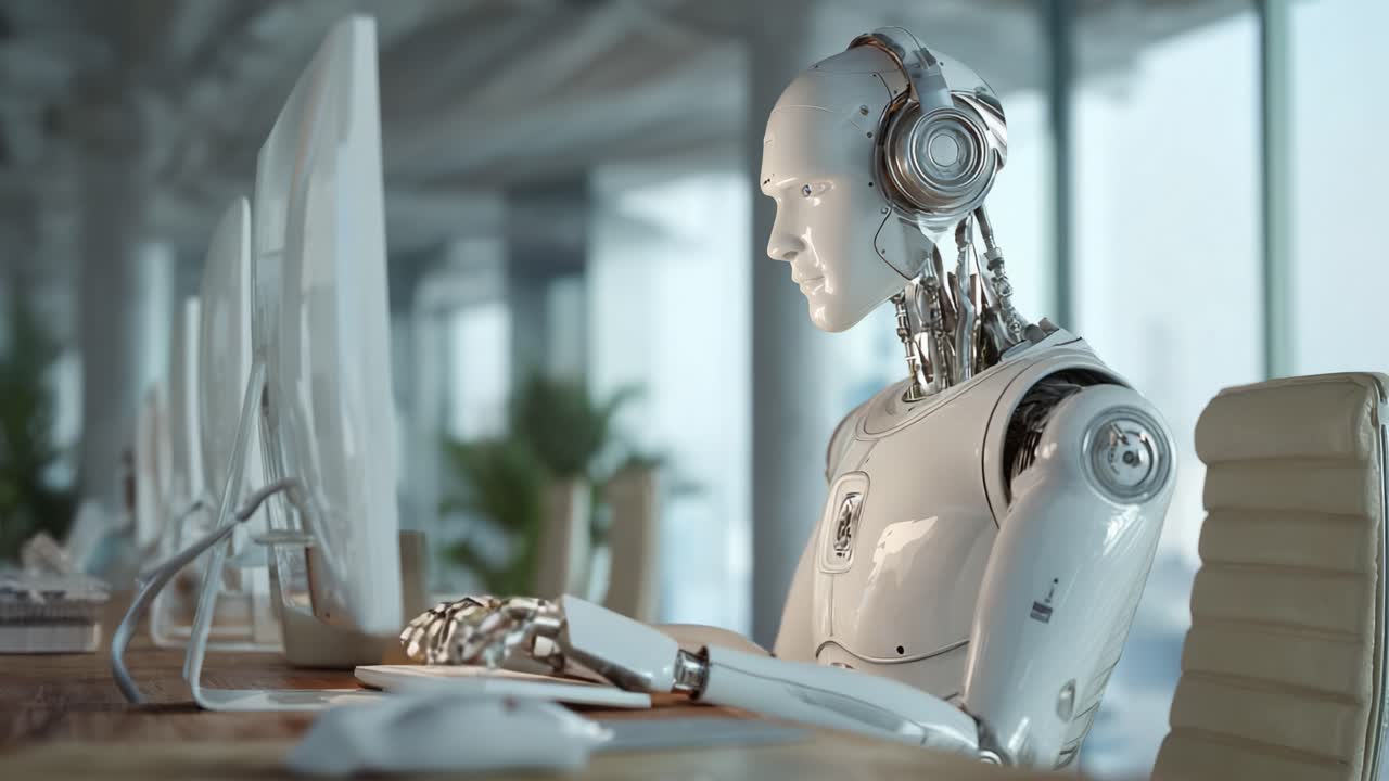 A Futuristic Robot Working at a Computer, Showcasing Advanced Technology and Artificial Intelligence in a Modern Office Environment, Capturing the Essence of Innovation and Automation