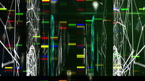 animation of flickering multi coloured rectangles floating over networks of connections