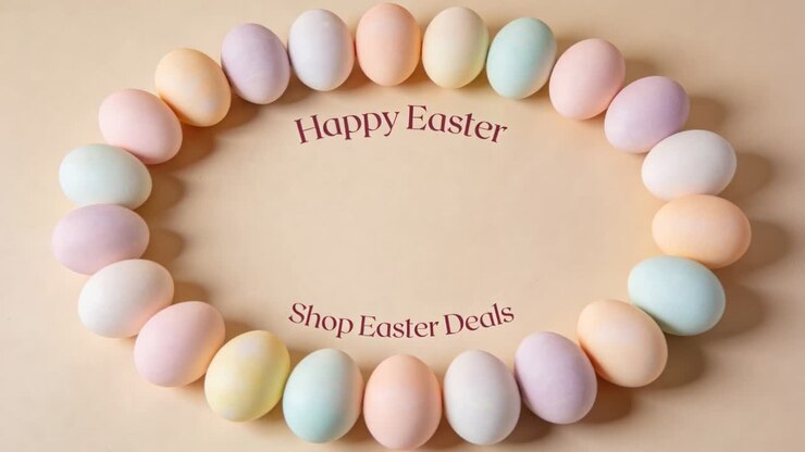 Pulling camera, framing pastel egg wreath on beige table showing Happy Easter, Shop Easter Deals