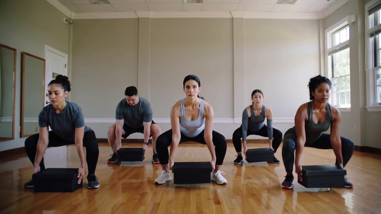 Al segnale centrale, 5 adulti in scarpe da ginnastica eseguono sollevamenti da squat a posizione eretta su piattaforme in studio per la forza.