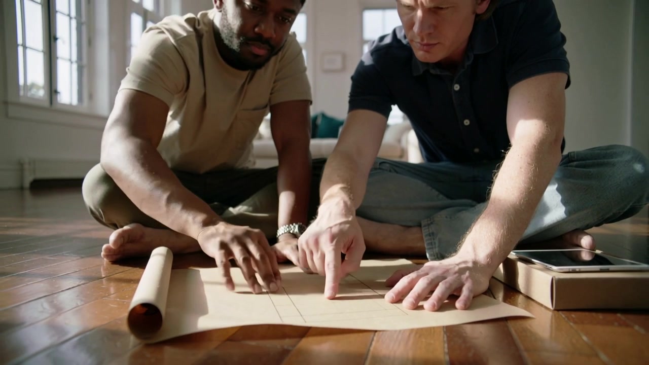 Unrolling kraft paper, two men smoothing and tracing layout on living room floor, confirming plan