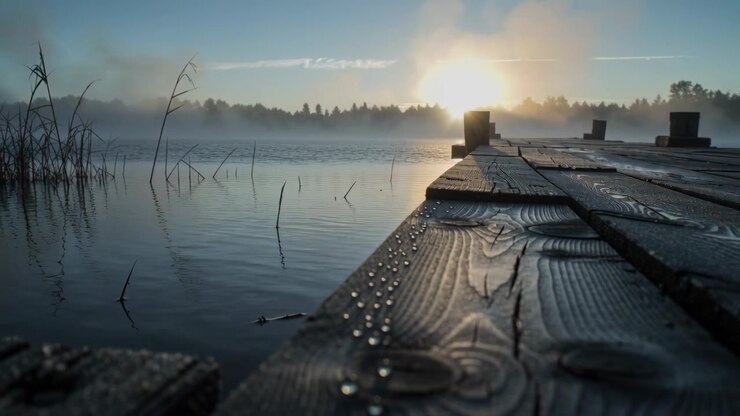 Pulling back camera as sun rising, revealing worn dock plank glistening with dew at lake dawn