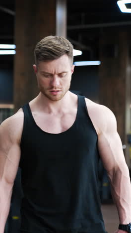 Tired sportsman rest after hard workout. Muscular man in black singlet in modern fitness center. Handsome athlete in gym. Vertical video