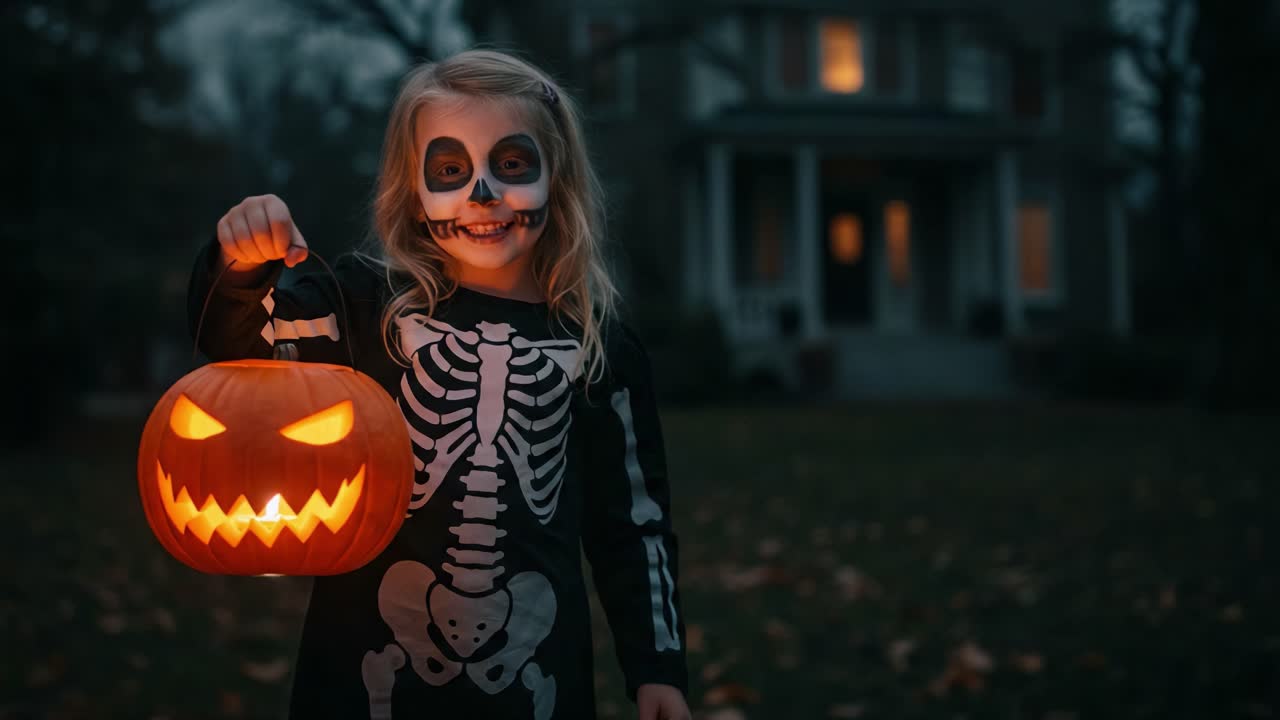 Un bambino gioioso vestito da scheletro tiene in mano una zucca spettrale di Halloween davanti a una casa poco illuminata, abbracciando lo spirito delle festività di dolcetto o scherzetto.