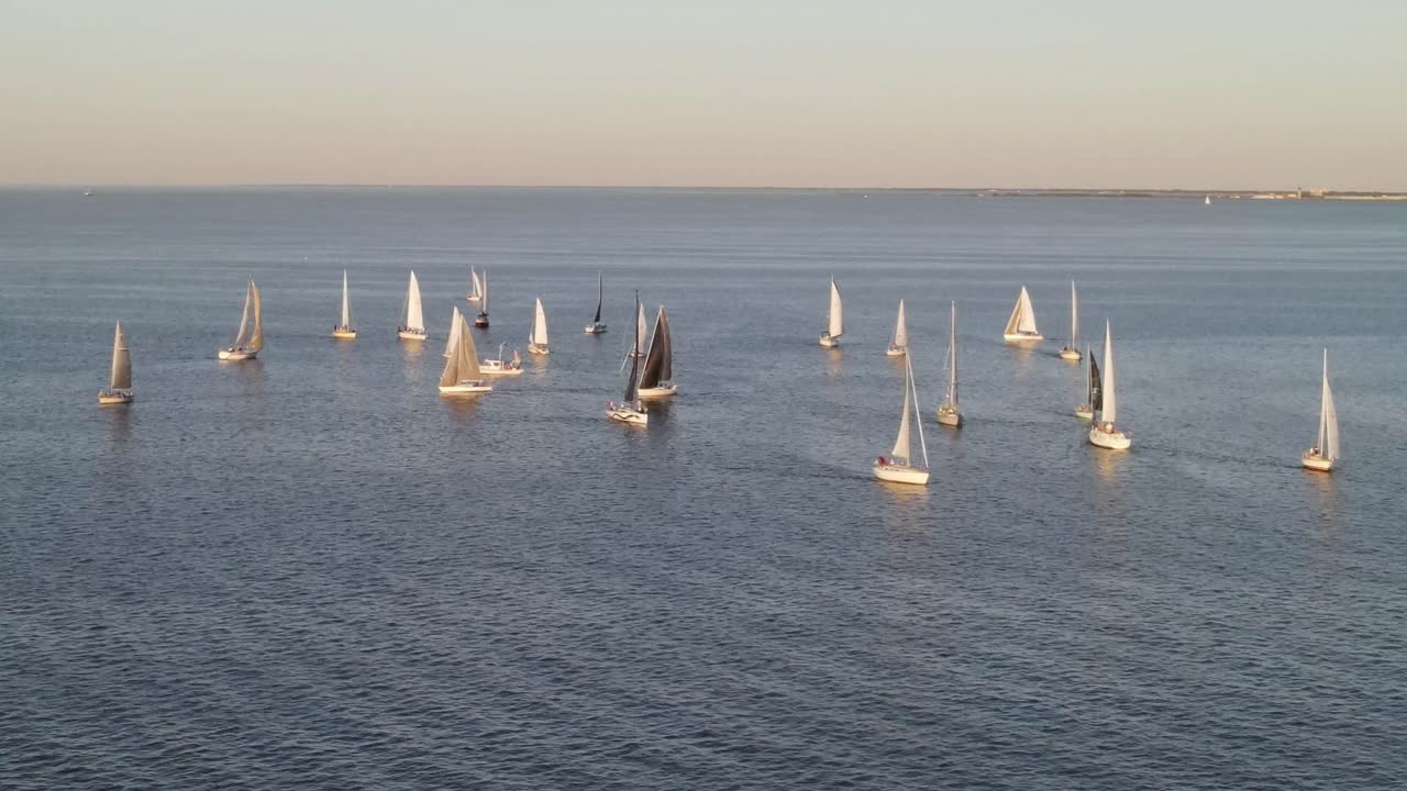 Bird's Eye View Of Sailboats At Pontchartrain Lake In Louisiana, USA. - aerial drone
