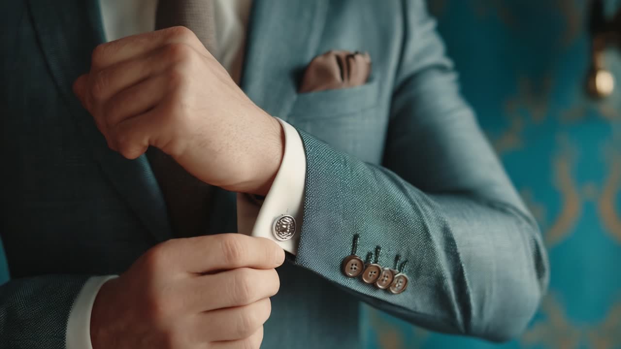A stylish gentleman adjusting his cufflinks in a sophisticated ensemble, showcasing attention to detail and elegance in formal wear, perfect for special occasions