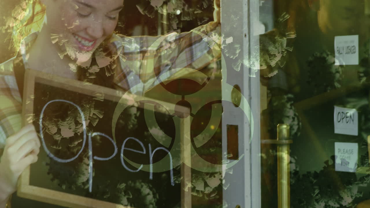 생물 위험 상징의 애니메이션, 행복한 백인 여성 요리사 위에 떠다니는 거대한 코로나19 세포