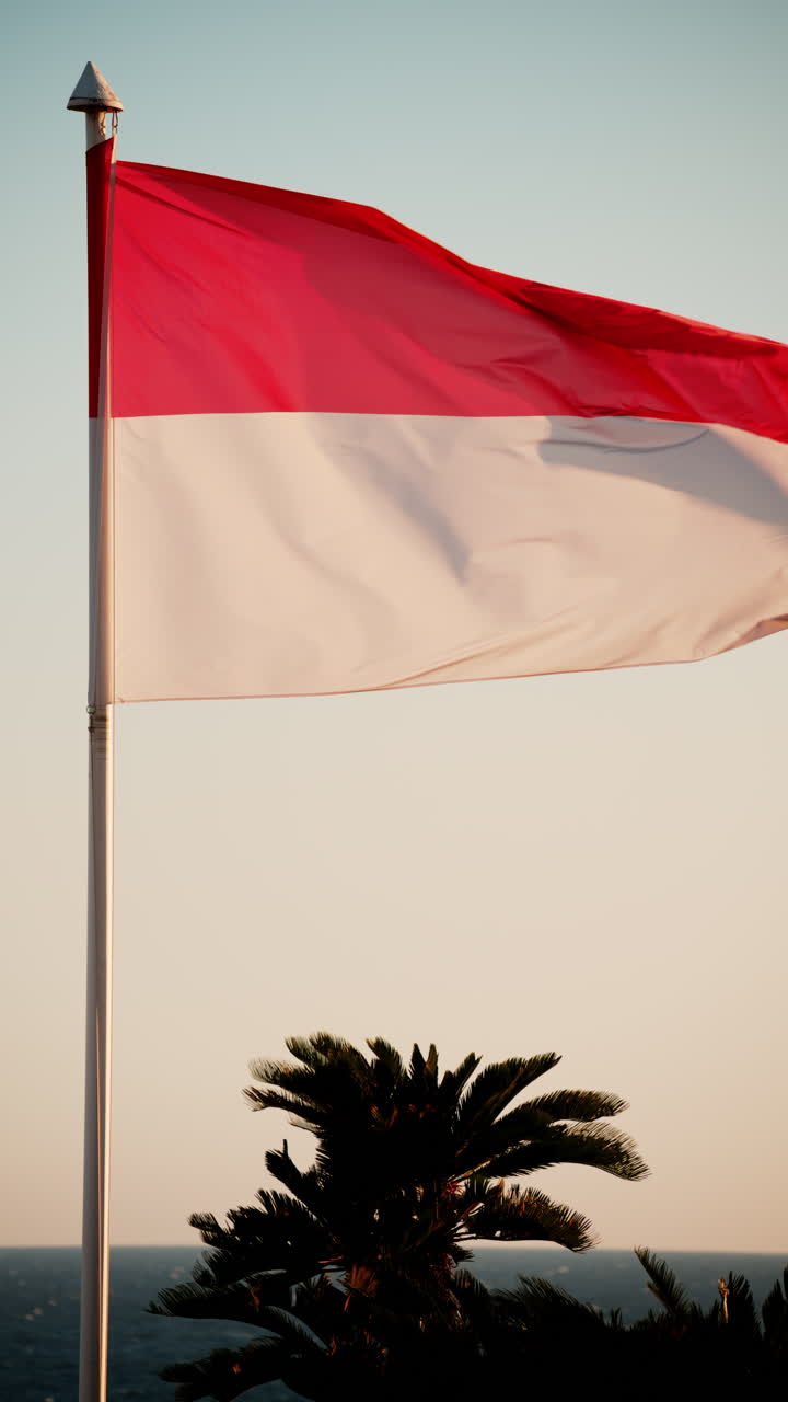 The flag of Monaco waving with the sky on the background. Vertical