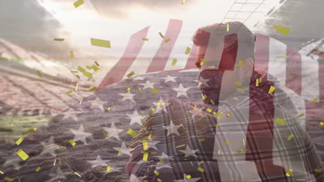 animation of confetti and caucasian man at beach over flag of usa