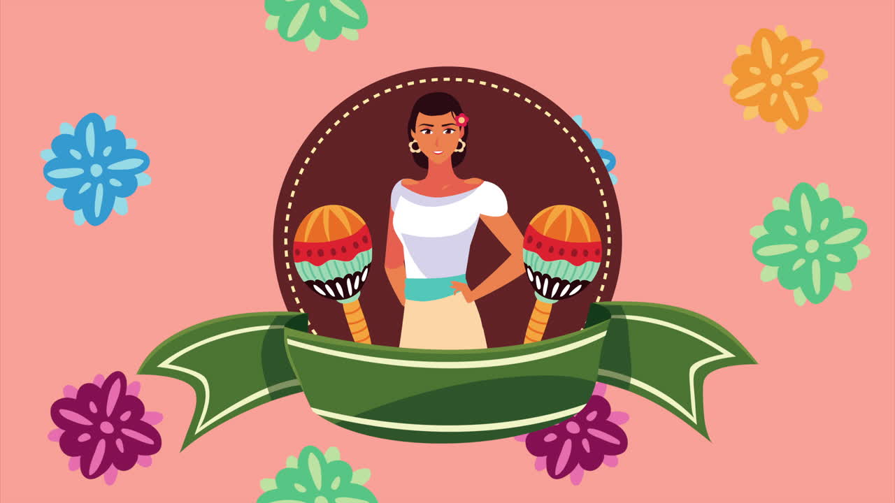 전통 멕시코 의복 을 입고 마라카 를 입은 여자