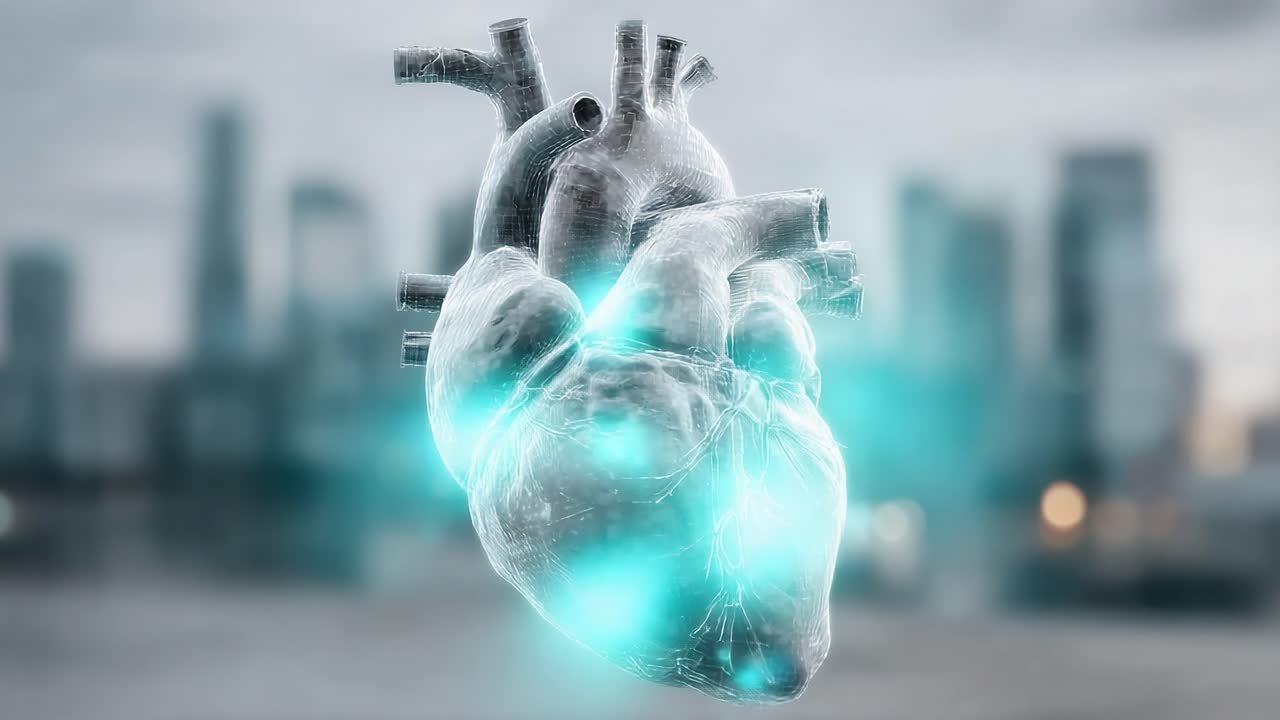 An Artistic Representation of a Heart: A Futuristic Visualization of Human Anatomy with Bioluminescent Effects Against an Urban Background