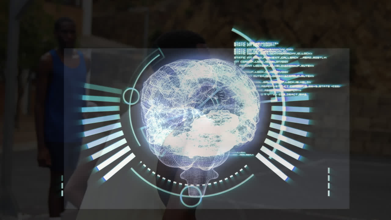 modelo cerebral humano girando y procesando datos contra un hombre afroamericano jugando al baloncesto