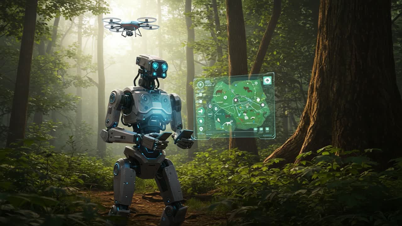 A Futuristic Robot Navigating a Dense Forest with Drone Assistance, Manipulating a Holographic Map Displayed in a Lush and Mysterious Natural Environment