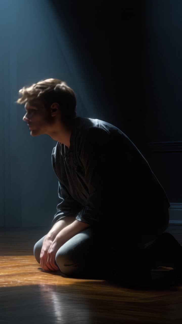 A person in a dimly lit room, kneeling in contrasting light, showcasing deep emotion and introspection, illustrating a powerful moment of reflection and vulnerability