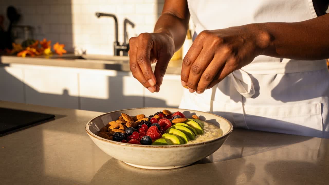 Vertical video: Pinching almond, cook's hands finishing garnish on oatmeal bowl at sink, in apron
