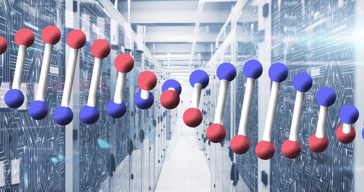 Animazione di un filamento di DNA che ruota e di un'elaborazione dati su un ufficio vuoto.