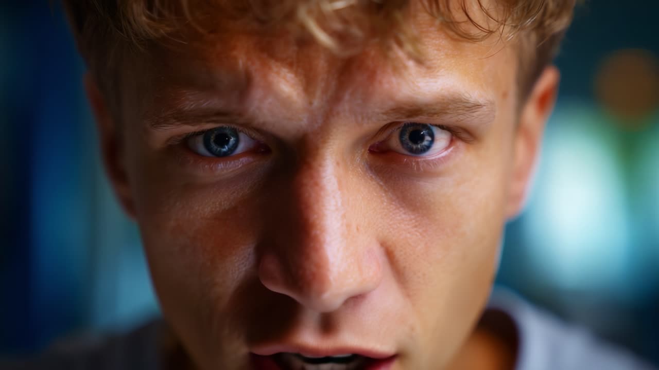 Intense Close-Up of Young Man Expressing Strong Emotions in the Frame, Capturing the Power of Human Expression and Connection Through His Eyes and Voice