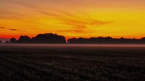 een gouden zonsondergang met laaghangende mist over de akkers - time-lapse