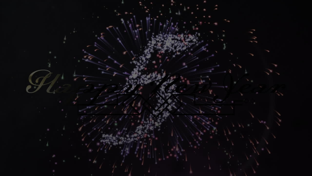 Animation of happy new year greetings over countdown and fireworks exploding
