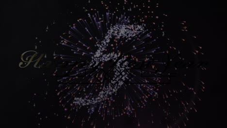 animation of happy new year greetings over countdown and fireworks exploding