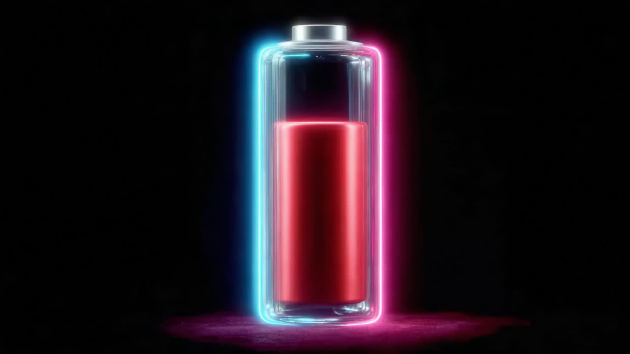 A Captivating Visual Display of a Battery with Pulsating Neon Lights, Showcasing a Glossy Fluid Fill and Futuristic Design Against a Dark Background