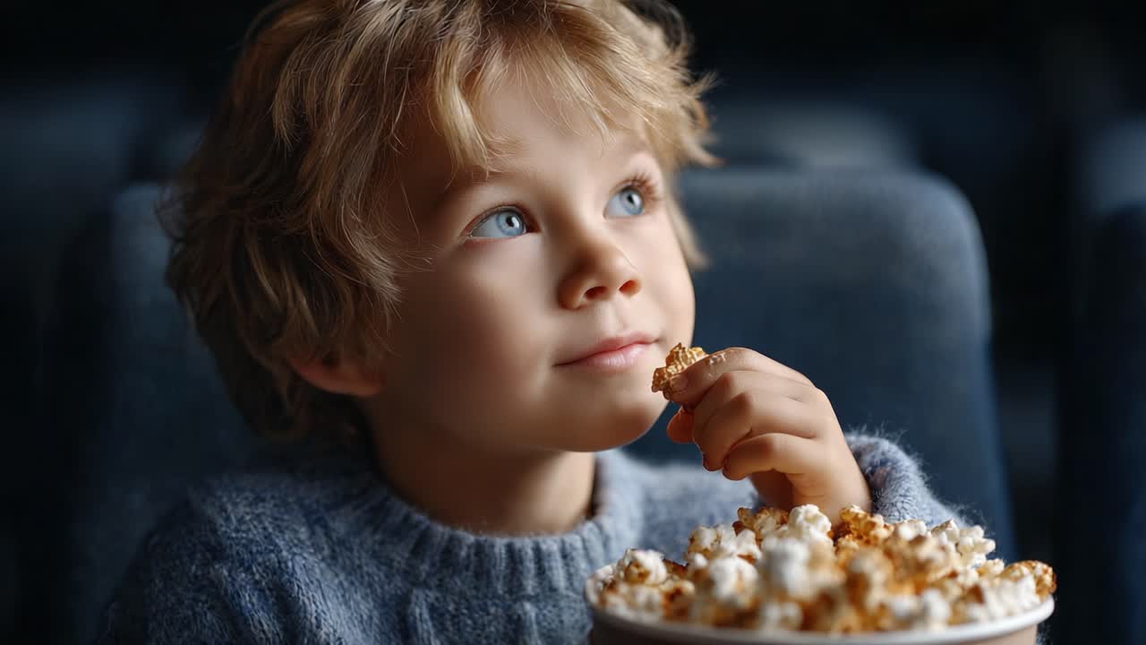Un bambino piccolo si gode un momento delizioso al cinema, visibilmente rapito mentre gusta una ciotola di popcorn croccanti con un'espressione di gioia e trepidazione