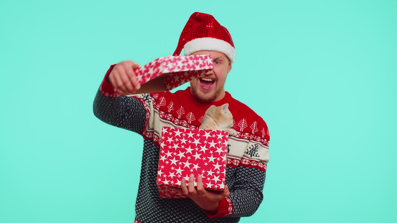 재미있는 30대 남자는 빨간 새해 스웨터 모자를 쓰고 선물을 풀고 애완동물 고양이가 있는 상자를 엽니다