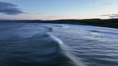 surf's up in scotland: aerial view of waves off thorntonloch beach at sunset, north sea coast, dunbar, scottish coast near edinburgh, scotland, united kingdom