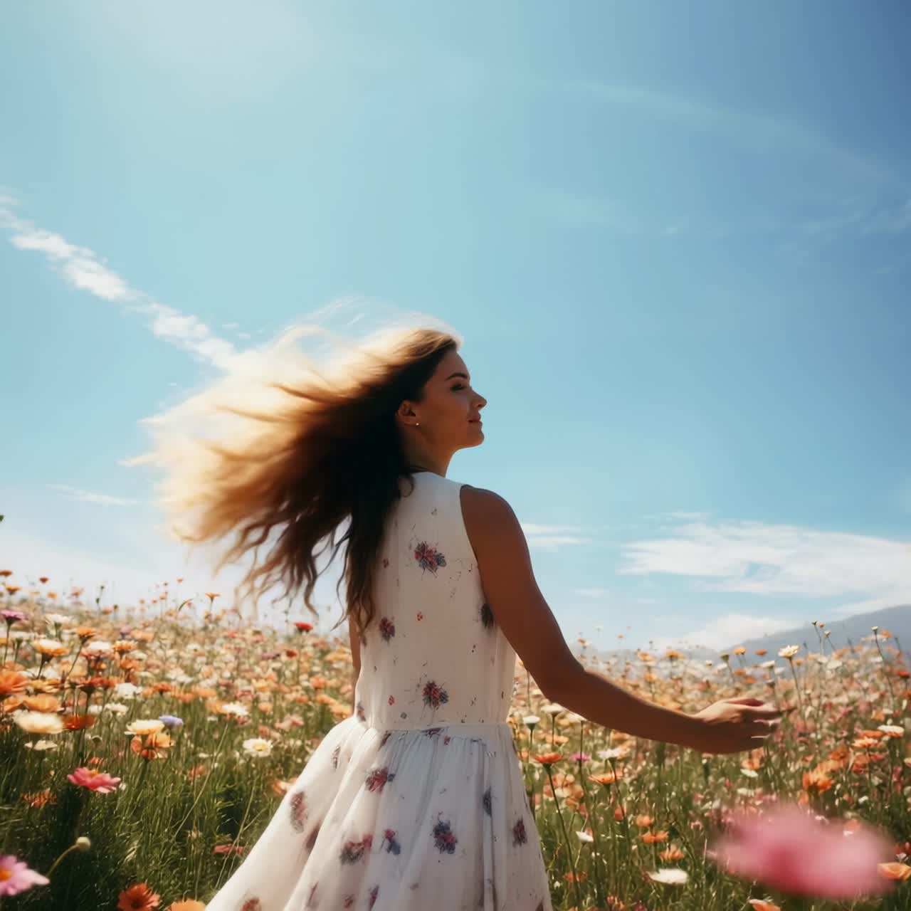 A woman in a floral dress walks through a vibrant flower field. Shot from behind at a low angle
