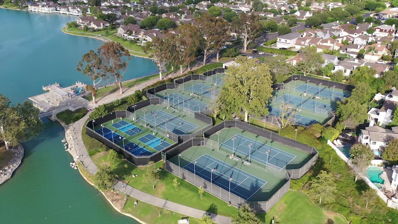 Irvine, California, with a drone's-eye view of the Woodbridge North Lake Beach Club Tennis Courts