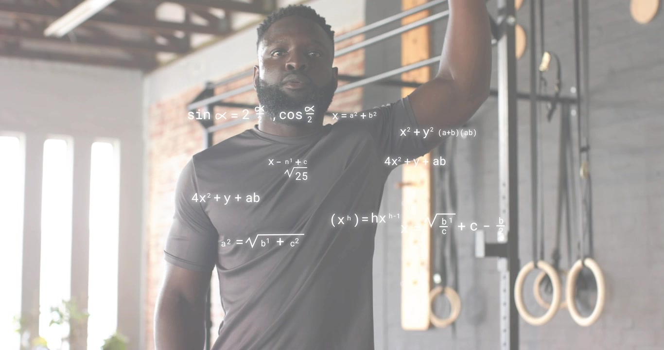 Trainer releasing pullup bar in gym, animating equations around arm rotating, fading, showing math