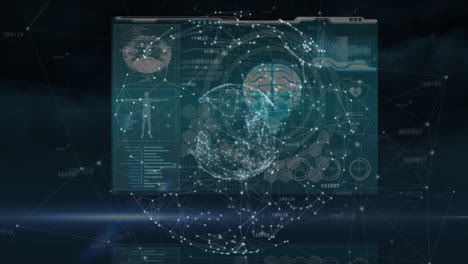 animation of globe of connections over data processing on black background