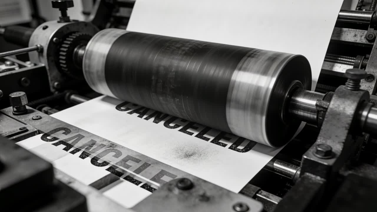 Drukrol voert papier in pers, waarbij een 'GEANNULEERD'-afdruk wordt geïnkt voor annuleringen, vlekken achterlatend.