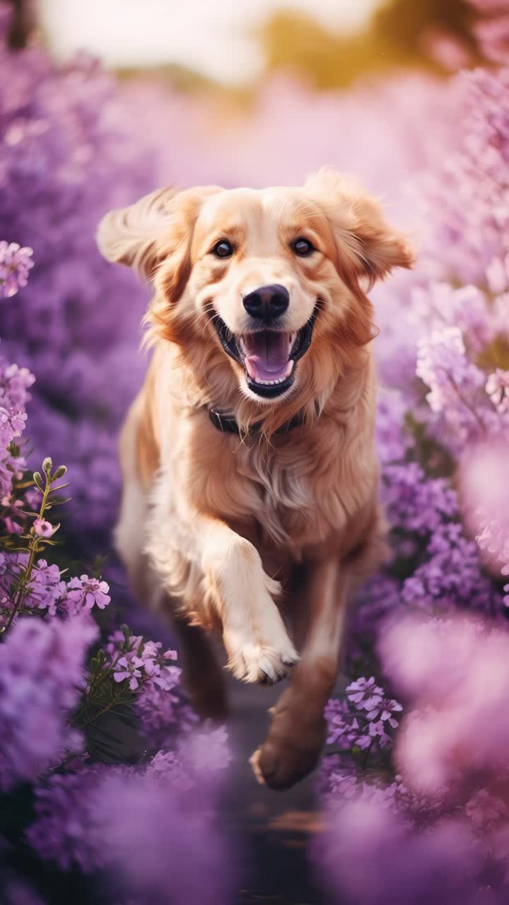 Golden retriever running through purple flowers, captured at eye level