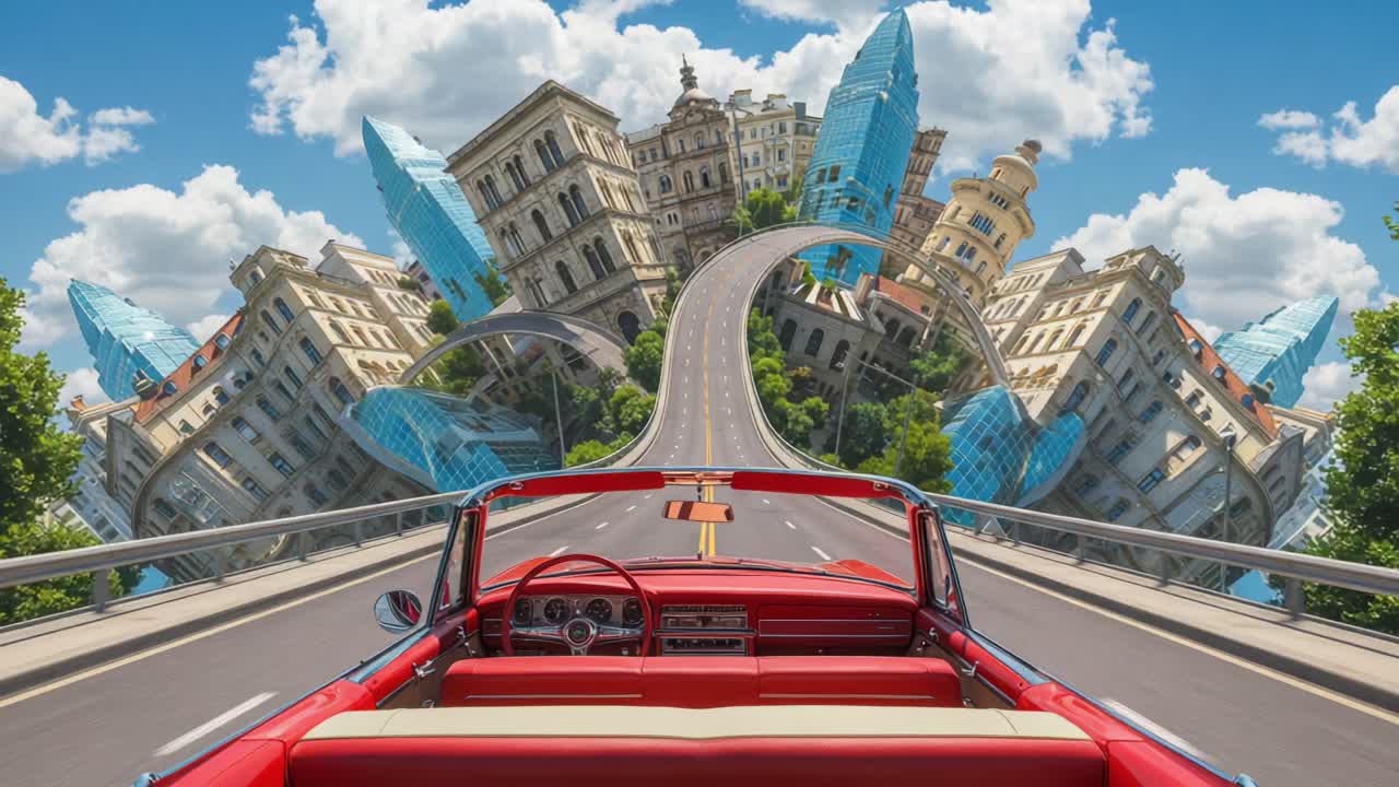A Daring Journey: Exploring a Surreal Landscape from a Classic Convertible's Perspective, Where Roads Twist and Buildings Curve in a Dreamlike Cityscape