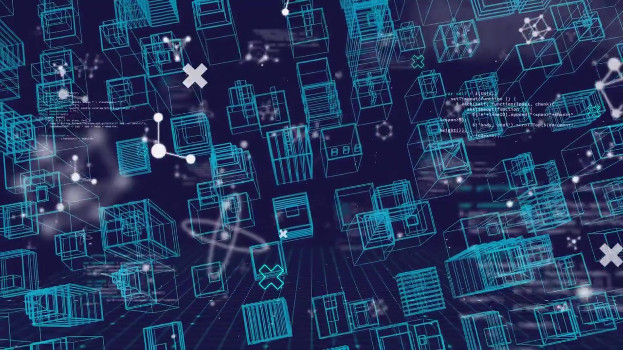 Animation of blue city in 3D with molecules and data processing
