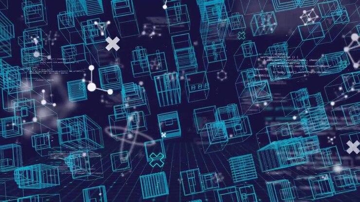 Animation af blå by i 3D med molekyler og databehandling.