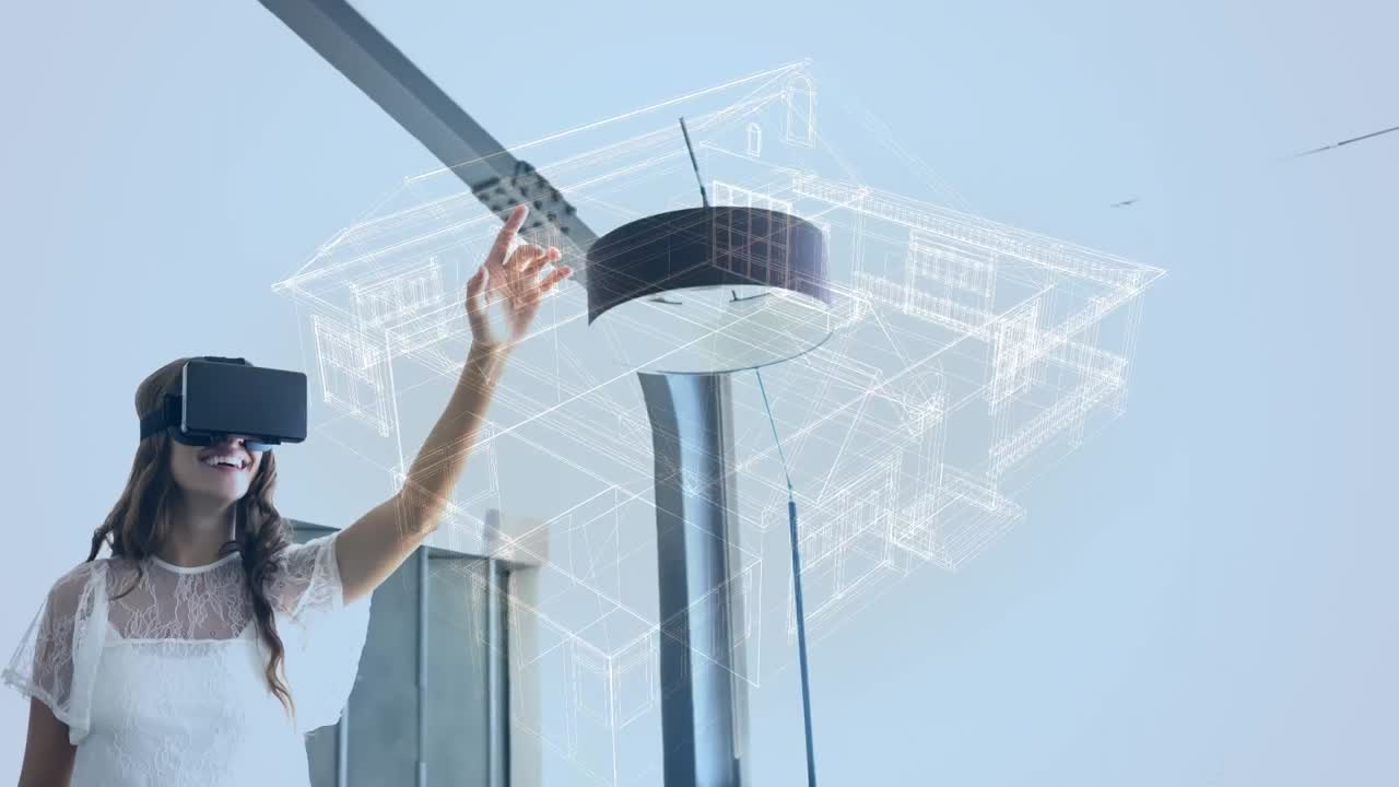 animación de un modelo de casa digital sobre una mujer caucásica usando auriculares vr en fondo blanco