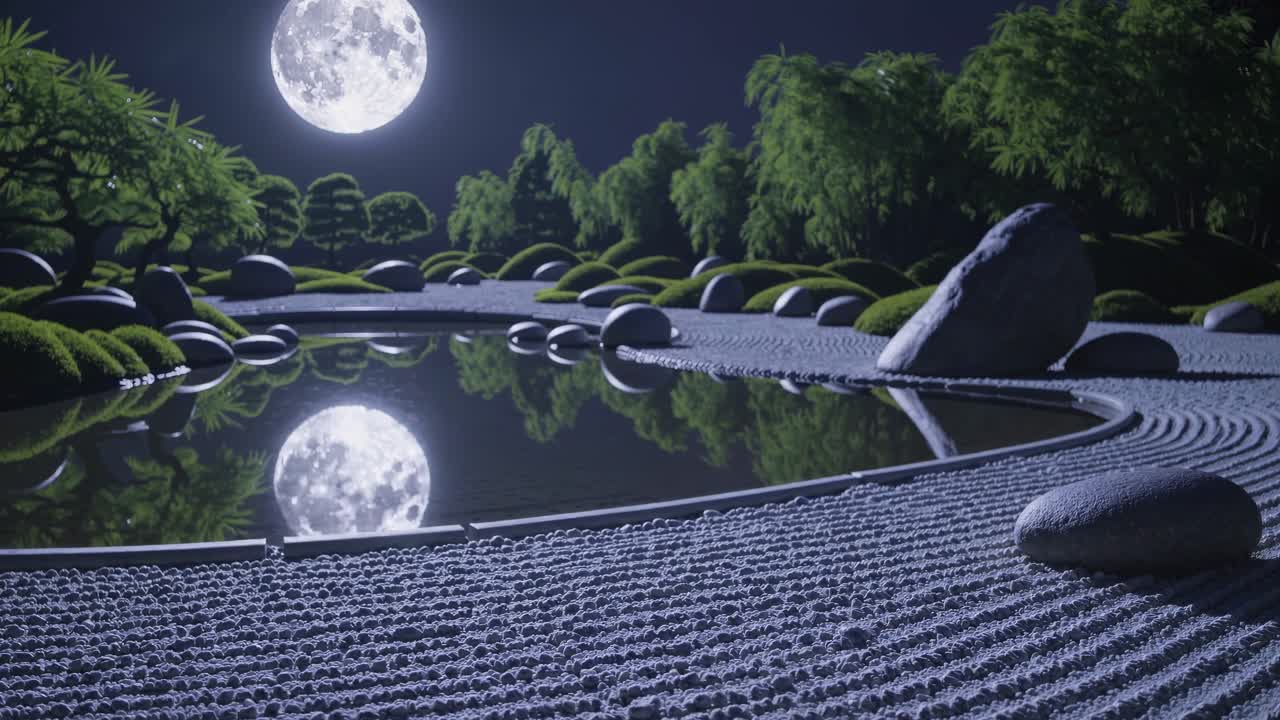 Tranquil minimalist zen garden with a pond reflecting the full moon at night, featuring carefully raked gravel, moss, rocks, and trees, creating a peaceful and meditative atmosphere